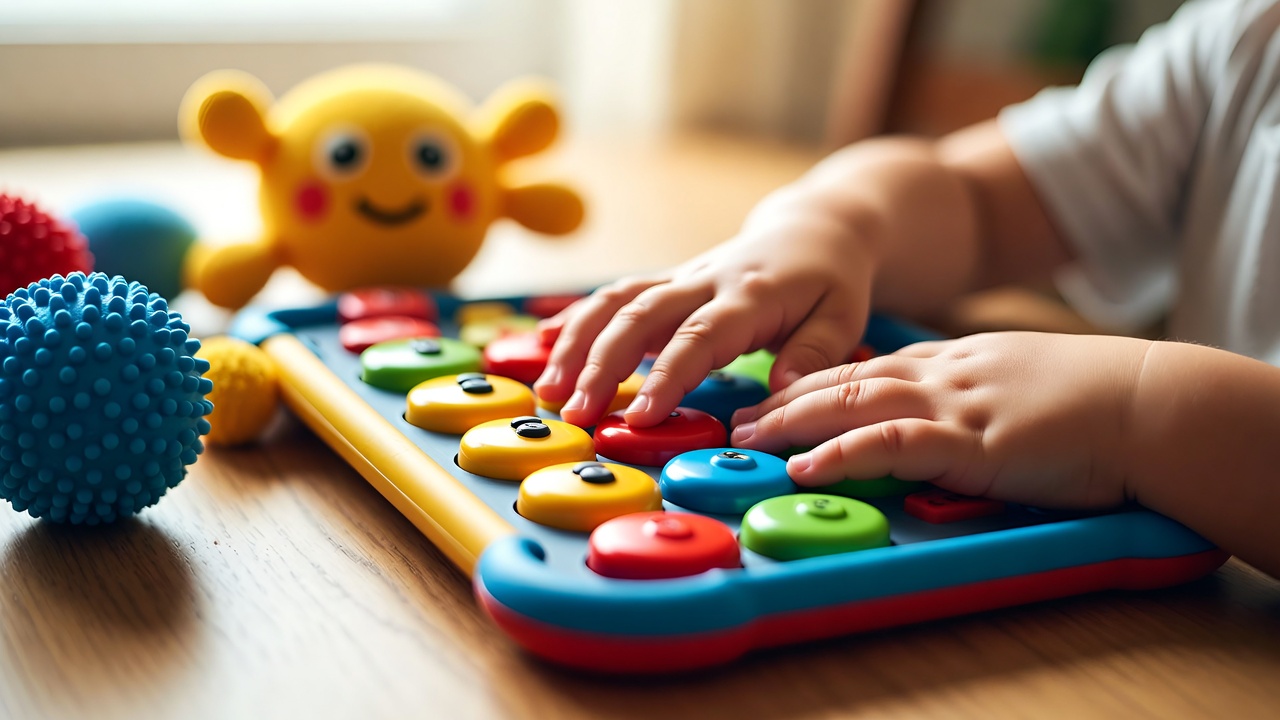 A child smiling while using an accessible learning app on a tablet