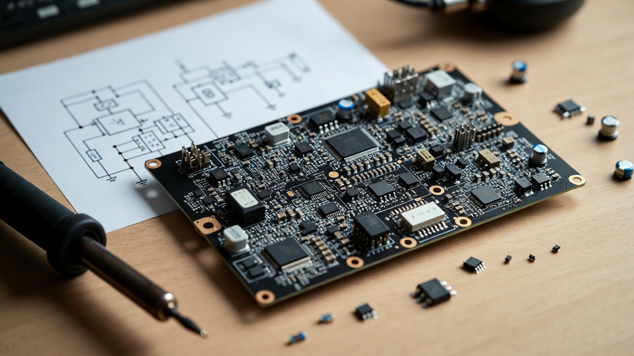 A custom PCB schematic and a soldered prototype board on a desk