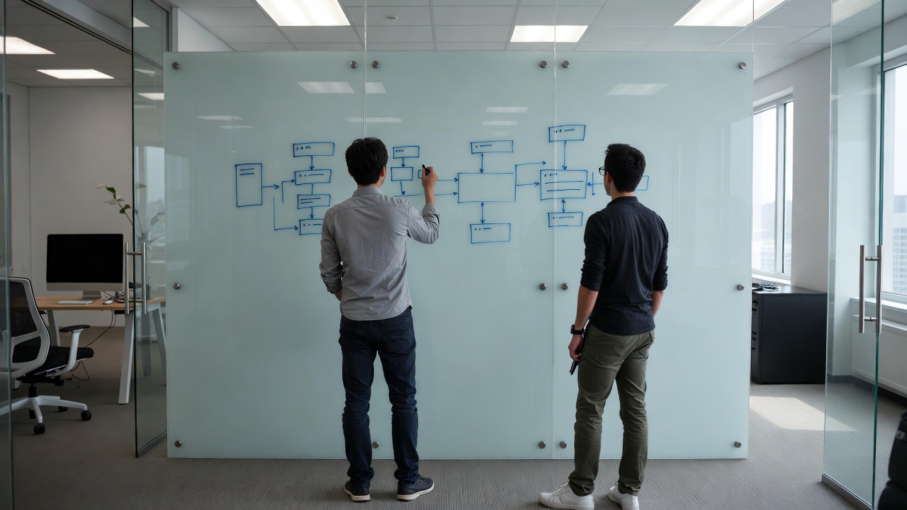 Two engineers reviewing architecture diagrams on a whiteboard