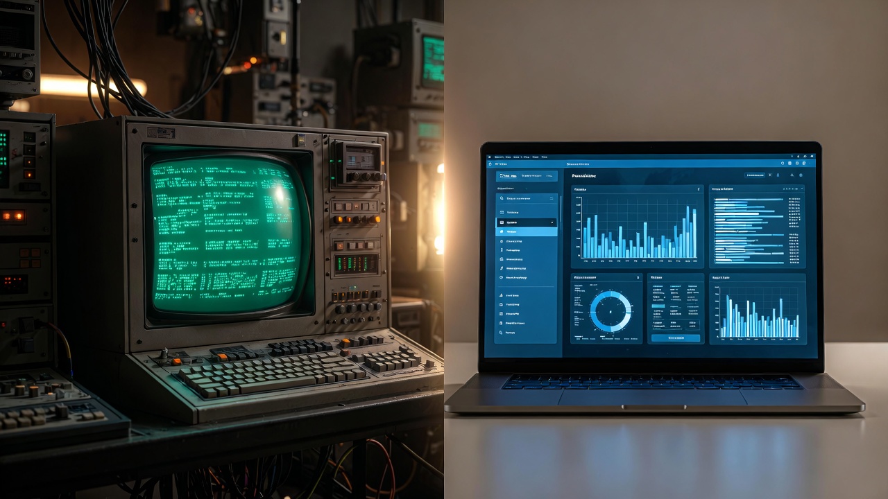 An old mainframe terminal next to a modern web dashboard, illustrating modernisation
