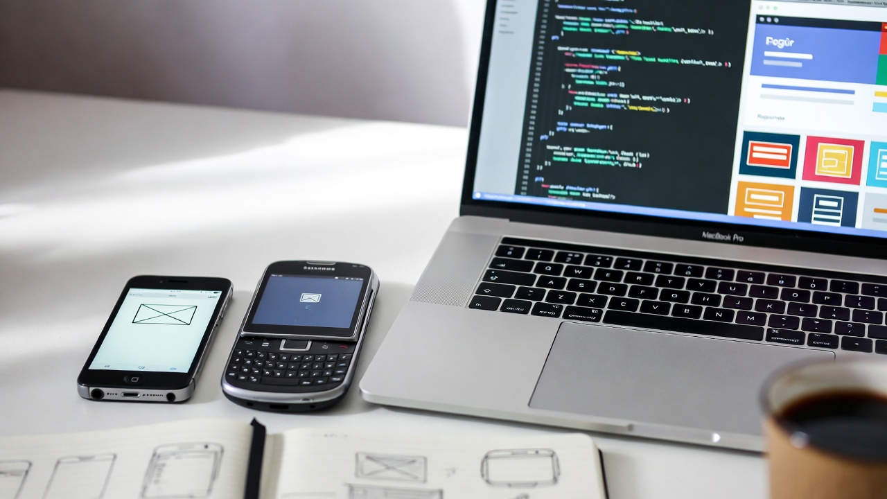 A first-generation iPhone, an early Android phone, and a laptop running PHP code in a browser