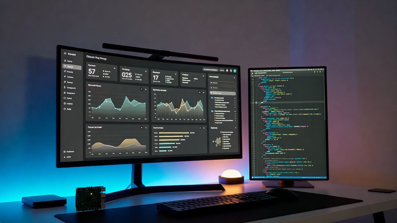 A modern multi-monitor workstation showing a cloud dashboard linked to live IoT sensor readings
